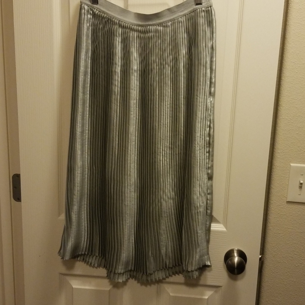 NWOT Silver pleated below the knee skirt